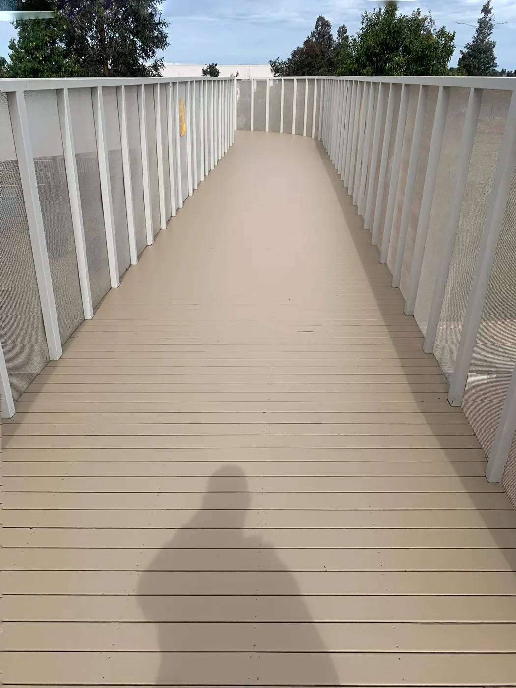 Finished entry ramp, evenly coated in a warm sand tone between white balustrades, Point Cook